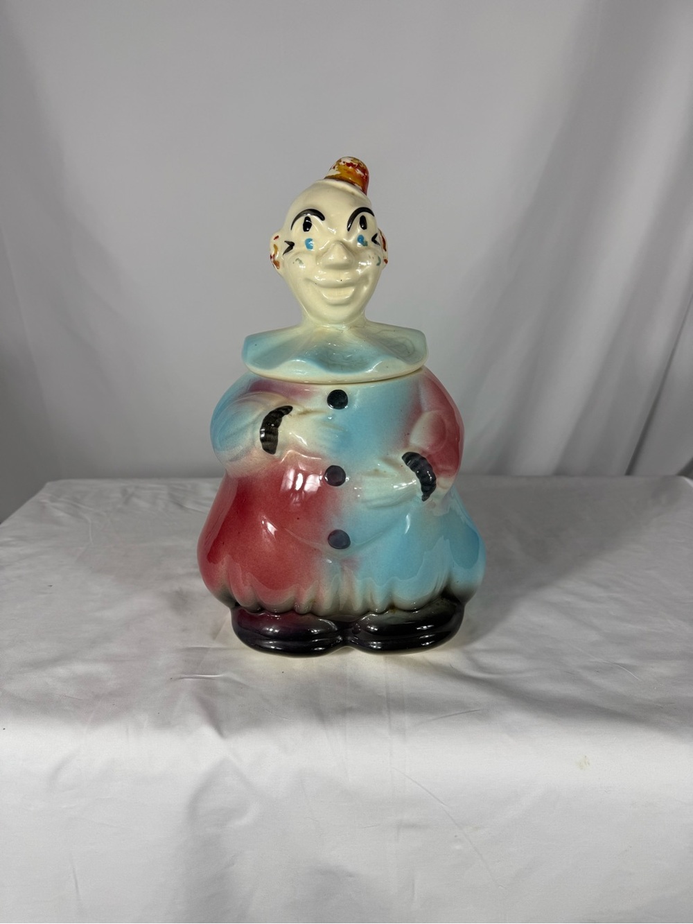 Vintage 1950s Ceramic Clown Cookie Jar Pastel Pink Blue Figural 11” Unmarked